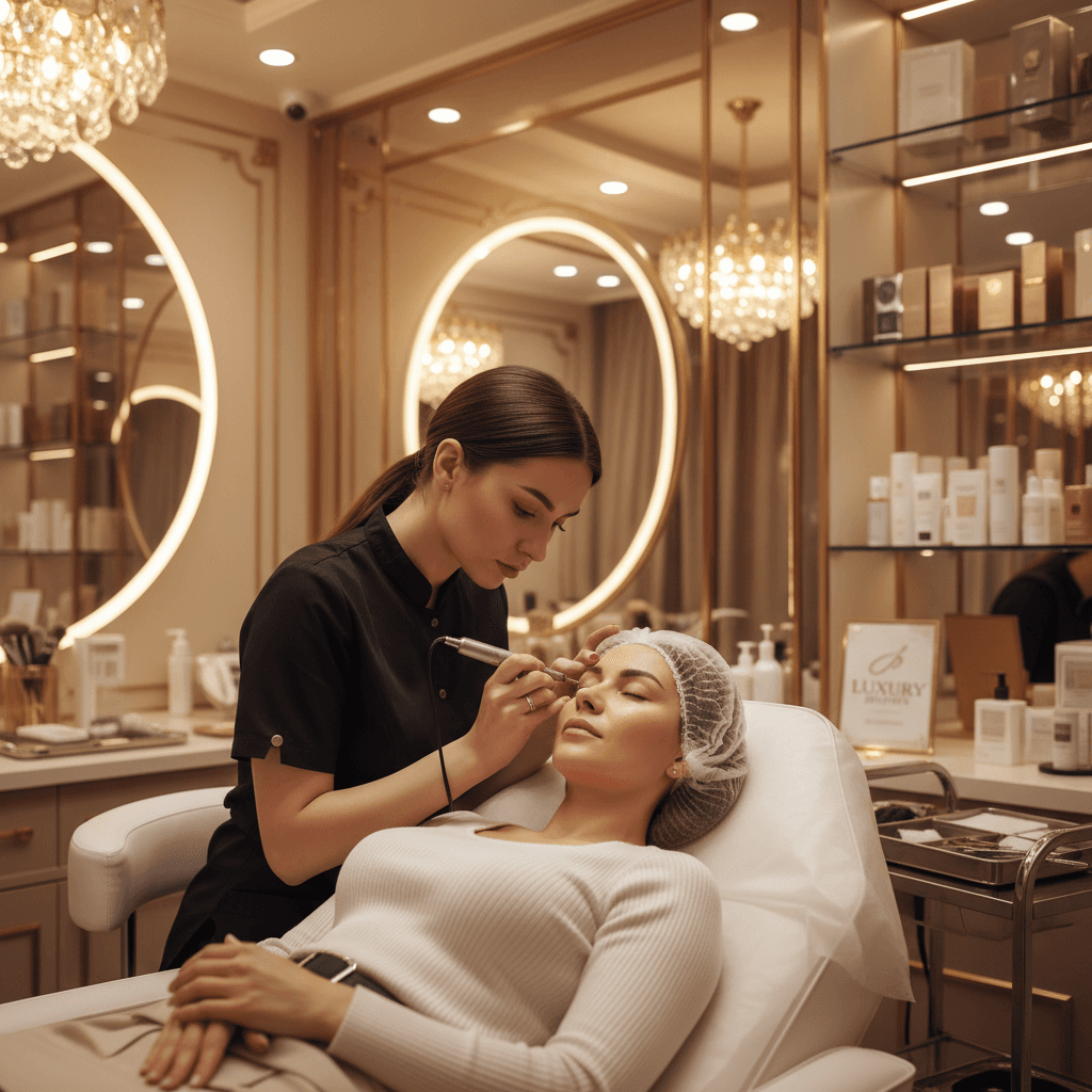 Permanent makeup artist performing defined brows microblading technique