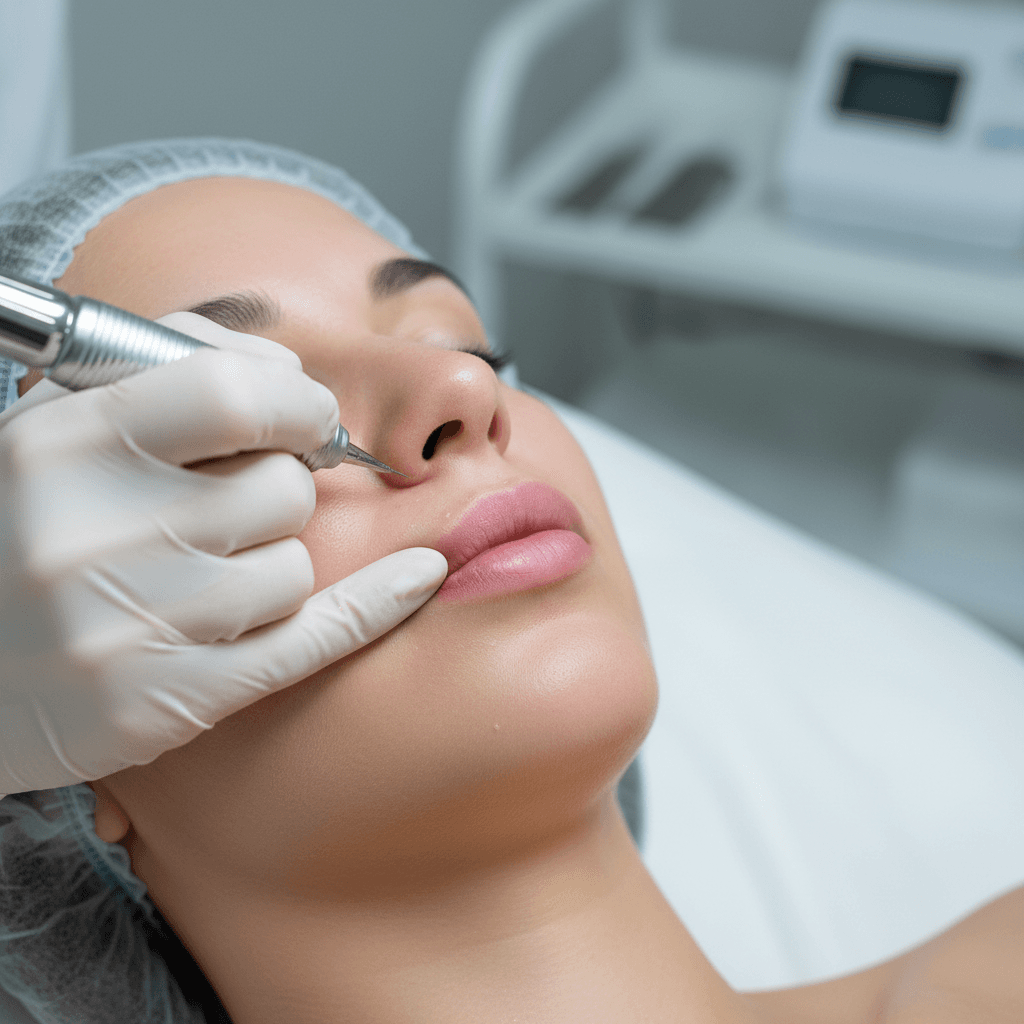 Lip blush permanent makeup service in progress