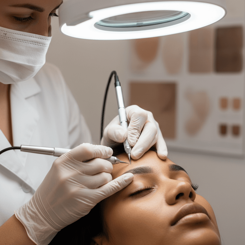 Permanent makeup artist applying defined brows
