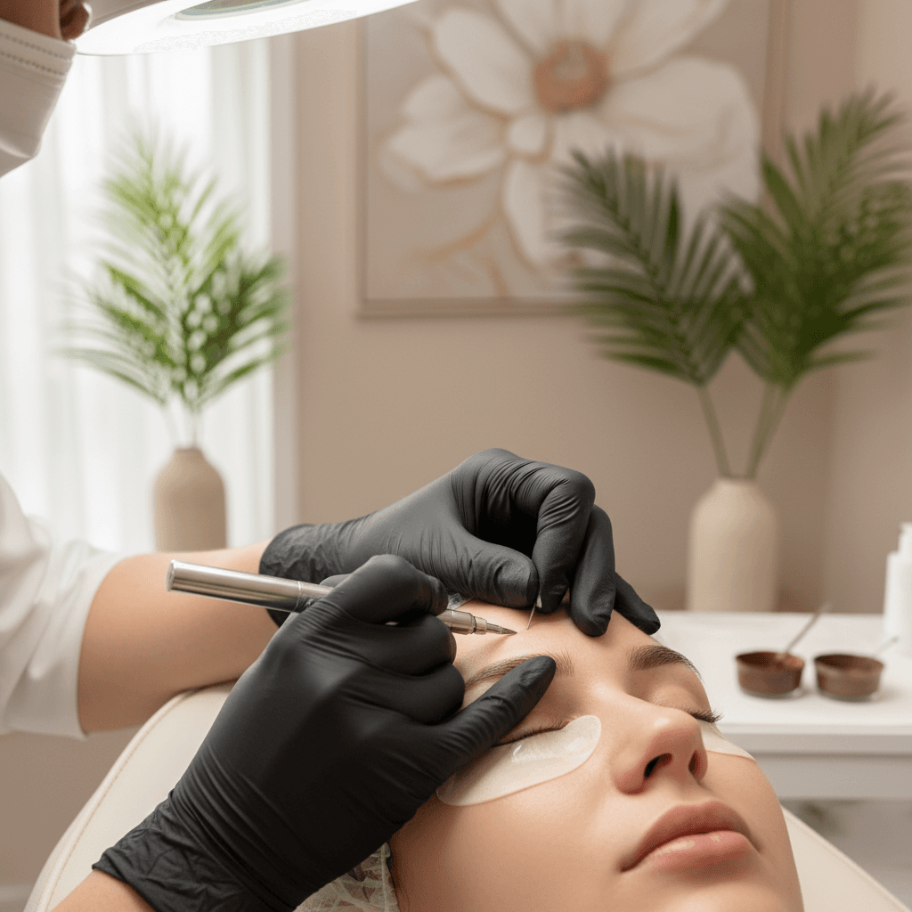 Skilled cosmetic artist's hands applying permanent makeup to client's eyebrow with precision instruments in soft natural light