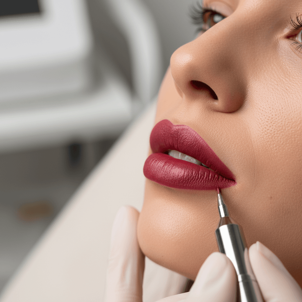 Close-up of permanent lip tint application during cosmetic enhancement procedure with visible precision technique