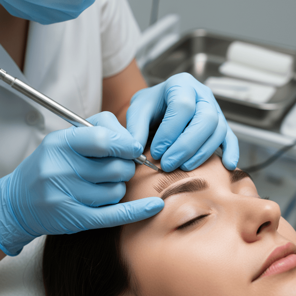 Technician performing microblading procedure on client's eyebrow with precision tool and controlled technique