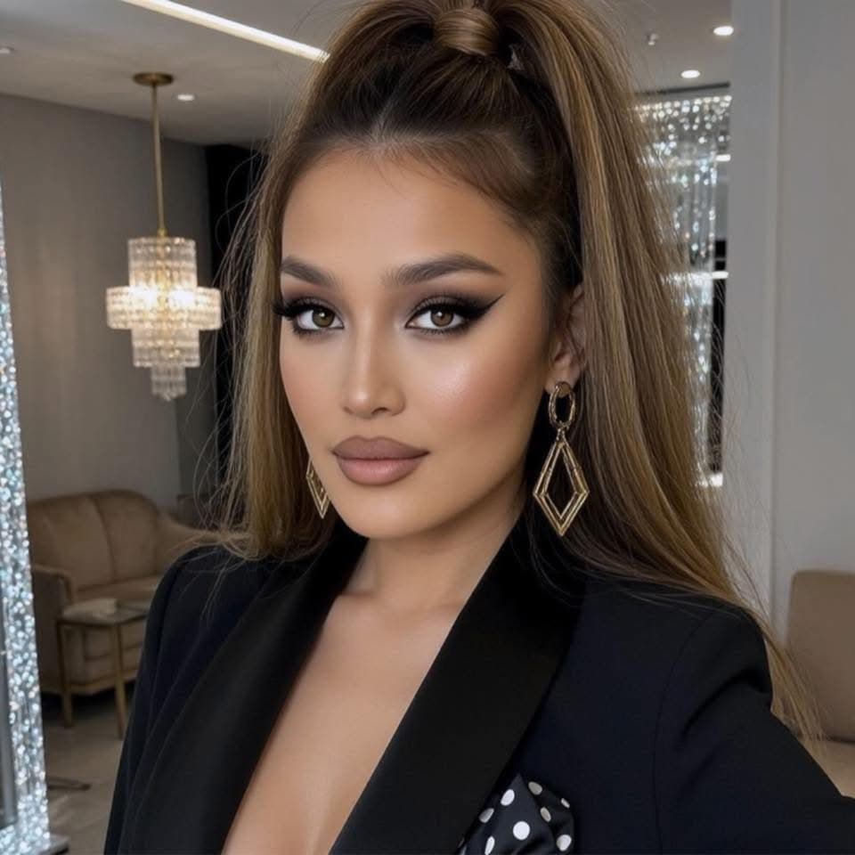 Woman with dramatic winged eyeliner, matte lips, and a high ponytail wearing a black blazer.