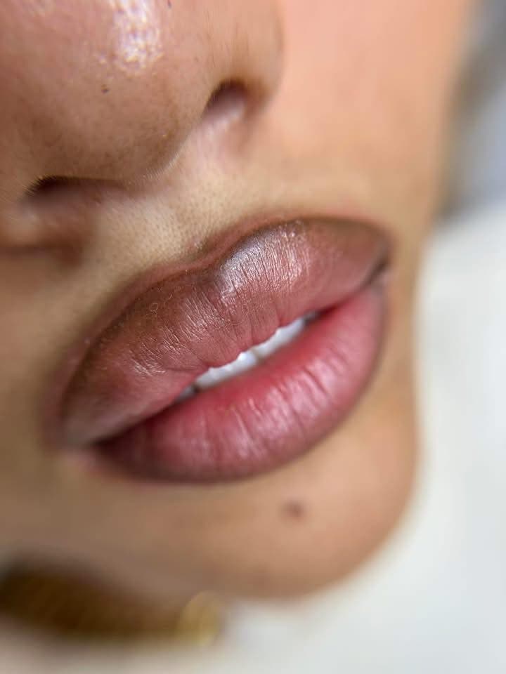 Close-up of full lips with a dark, defined lip liner and a soft pinkish-brown tint.