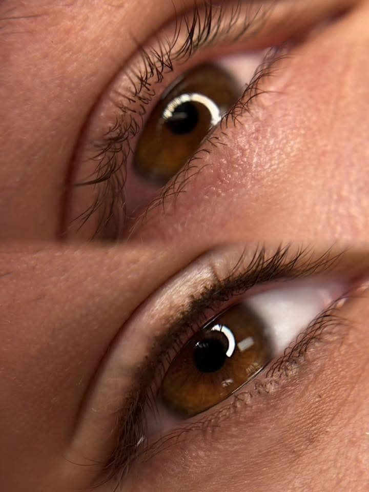 Before and after comparison of a brown eye with permanent lash enhancement eyeliner.