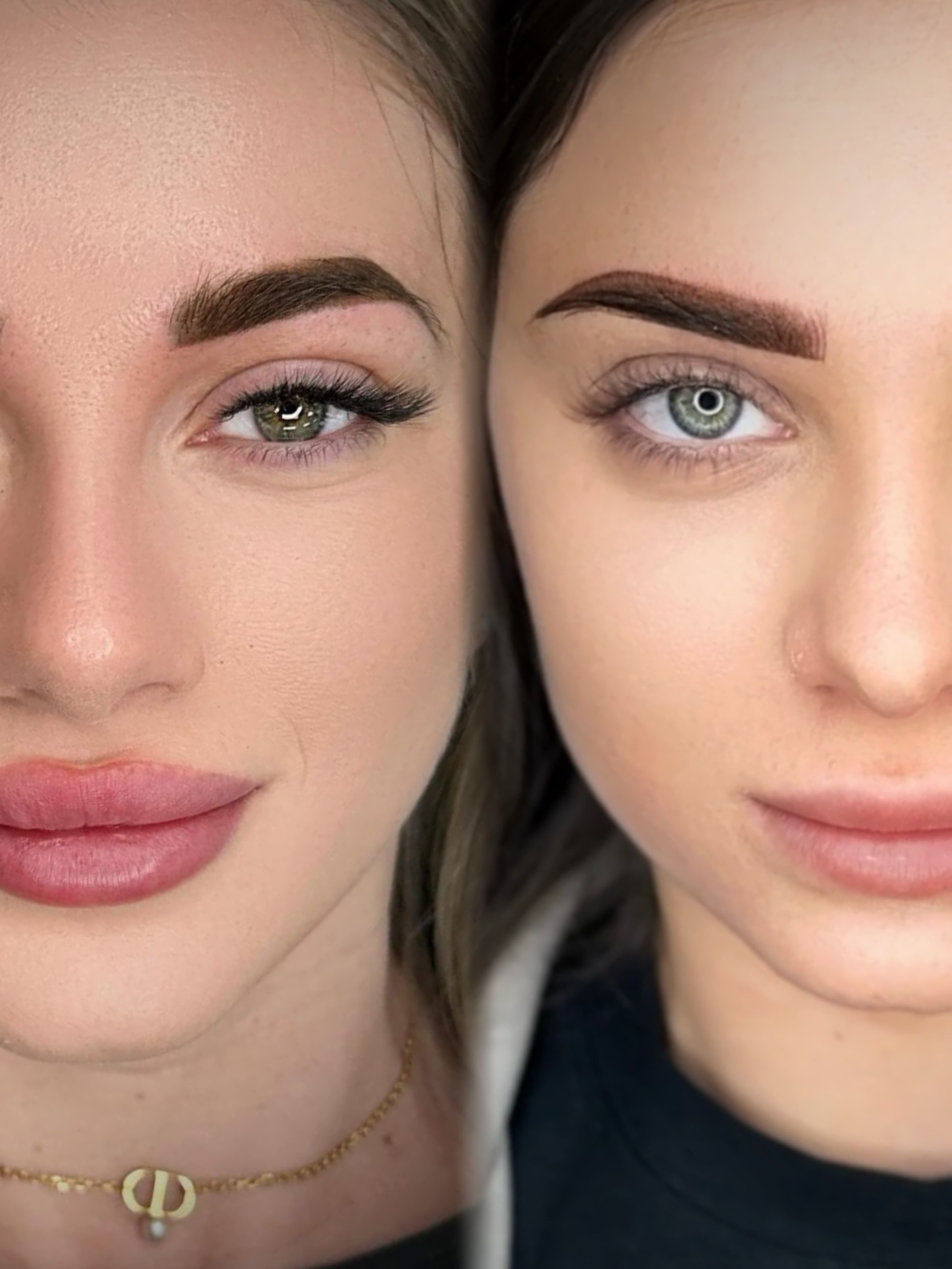 Comparison of two women's faces featuring defined permanent eyebrows, long lashes, and tinted lips.