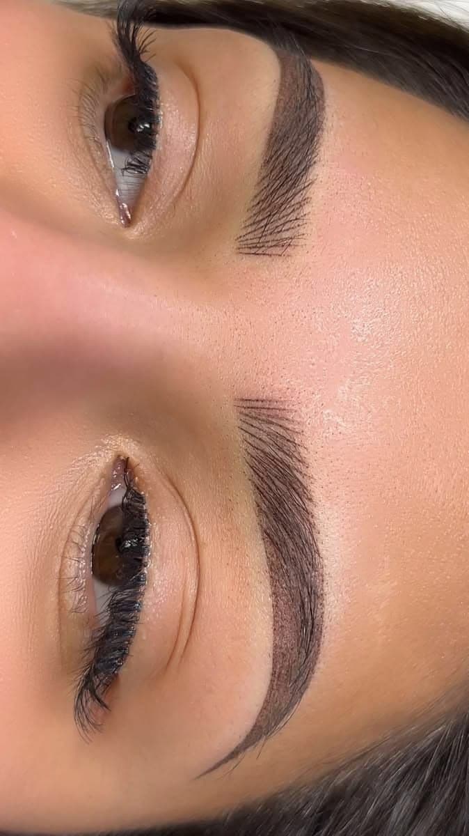 Close-up of a person's face featuring perfectly groomed, dark ombre powder eyebrows and long eyelashes.